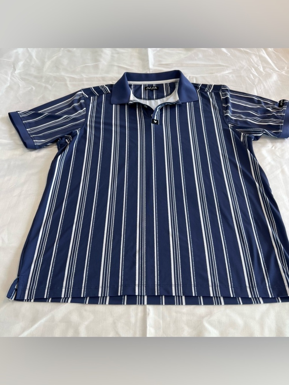 Bad Birdie Navy and White Striped Polo